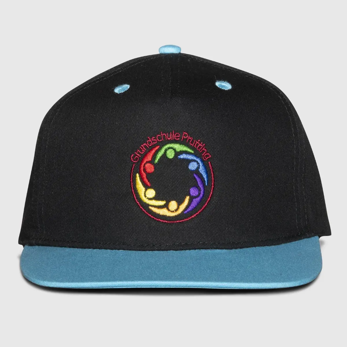 Beechfield 5 Panel Contrast Snapback „Grundschule Prutting“ – Einheitsgröße – schwarz/türkis